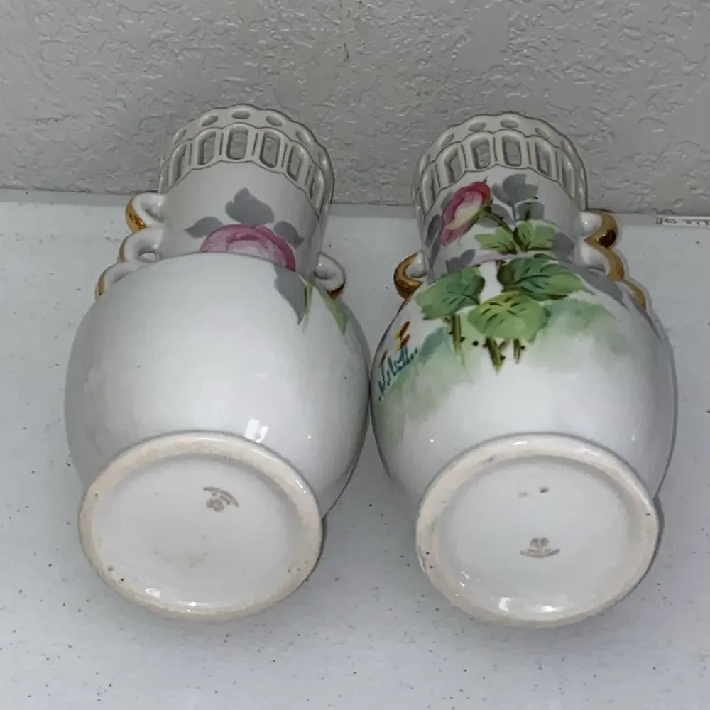 VTG Double Handled Floral Vase 9” Set Of 2‎ Hand Painted Made In Occupied Japan